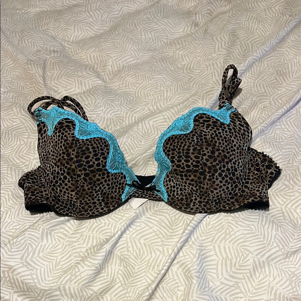 Leopard Print Bra with Blue Lace Trim